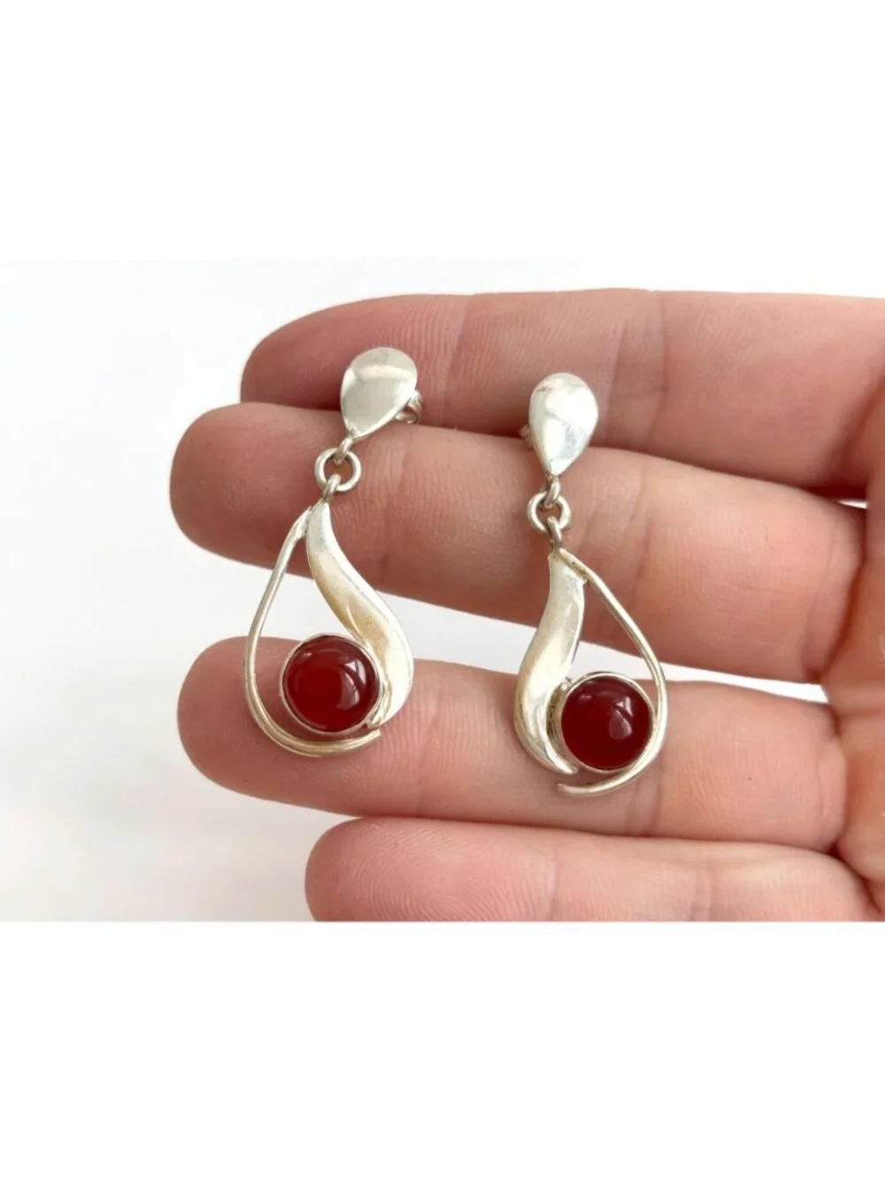 Carnelian Stone Midcentury Modern Stylized Vintage Sterling Silver 925 Earrings